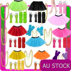 Ladies 1980s Tutu Skirt Fishnet Gloves Leg Warmers Necklace 80s Neon Costume - Picture 1 of 62
