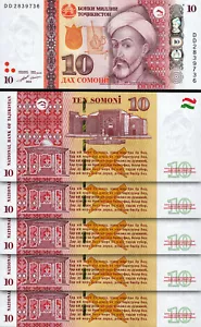 Tajikistan 10 Somoni 2018, UNC, 5 Pcs LOT, Consecutive, P-24c - Picture 1 of 4