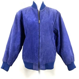 Vintage Bomber Jacket Size Medium Greg Bell Faux Suede Shoulder Pads Blue - Picture 1 of 11