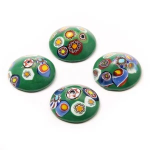 Lot (4) large Czech vintage millefiori green round glass cabochons 20mm  - Picture 1 of 3