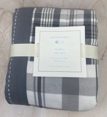 Falda de cuna Pottery Barn Kids Madrás gris a cuadros 28 x 52 pulgadas NUEVA CON ETIQUETAS Foto 1 de 4