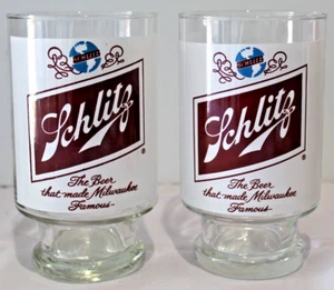 Vintage Schlitz Beer Glass Set of 2 Brewenalia 17.5cm 32oz Pedestal Enamel Logo - Picture 1 of 18