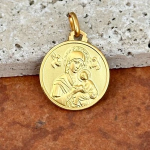 14K Yellow Gold Solid Our Lady of Perpetual Help Matte Medal Pendant Charm 18mm - Picture 1 of 8