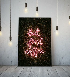 NEON SIGN FIRST COFFEE - DEEP FRAMED CANVAS WALL ART PICTURE PRINT- PINK LEAF - Picture 1 of 3