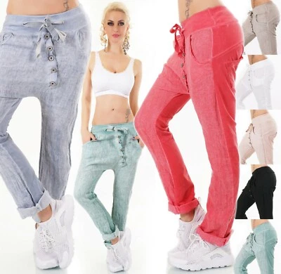 Damen Italy Hose Leinen JogPants Baggy Boyfriend Freizeithose Harem Knopfleiste - Bild 1 von 4