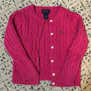 Girls Polo Ralph Laure. Long-Sleeve Pink Mini-Cable Cardigan Sz 4 - Picture 1 of 4