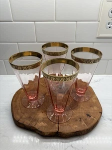 4-Tiffin Franciscan Rambler Rose Pink W/Gold Trim Footed Iced Tea Glass Goblet - Picture 1 of 16