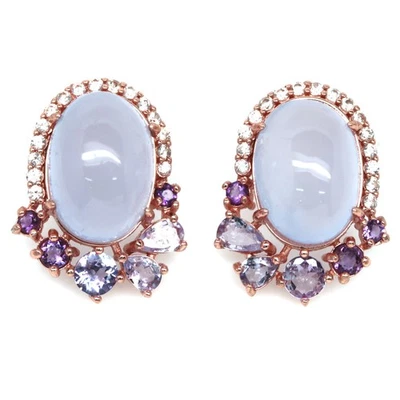 Thai Handgefertigt 10 x 13 Mm. Lavendel Chalzedon & Weiß Zirkonia Ohrringe - Bild 1 von 4