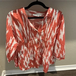St. John's Bay Plus 3X Coral White Hanley Pleated Top Blouse, Lightweight V-Neck - Picture 1 of 5