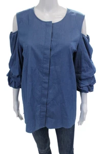 Lafayette 148 New York Womens Cotton Cold Shoulder Detail Blouse Blue Size L - Picture 1 of 5