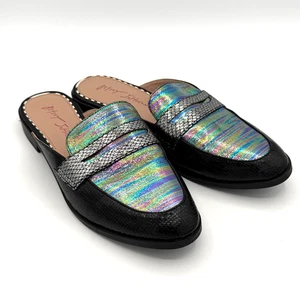 Mocasines Betsey Johnson Mule 6,5 negros sin cordones iridiscentes planos piel de serpiente - Imagen 1 de 6