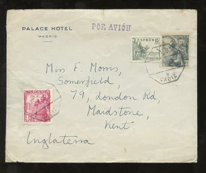 SPAIN 1950 PALACE HOTEL MADRID...CADIZ TPO POSTMARK...AIR to MAIDSTONE GB - Picture 1 of 1