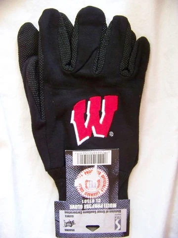 Work Gloves Wisconsin Badgers Logo Black Adult Mens One Size Garden Grip Palm Cover