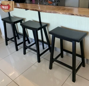 Set of 3 Bar Stools Counter Height Wood Saddle Stool 24"H Black Kitchen Chairs - Picture 1 of 6