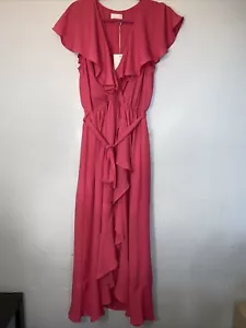 Andree by Unit Dress Womens L Nothing but Love Maxi Ruffled Surplice Hot Pink - Picture 1 of 24