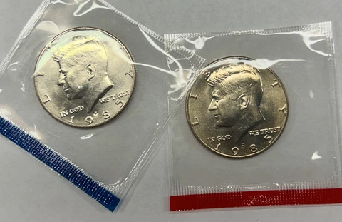 1985 P&D Kennedy Half Dollars from Mint Set in Mint Cello with Free Shipping Cover
