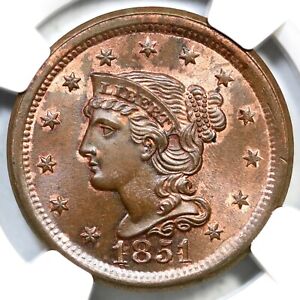 1851 N-20 R-3 NGC MS 66 BN Braided Hair Large Cent Coin 1c