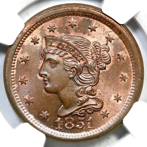 1851 N-20 R-3 NGC MS 66 BN Braided Hair Large Cent Coin 1c - Picture 1 of 3