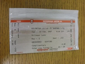 27/02/2007 Ticket: Rotherham United v Swansea City (Millmoor Lane, Complimentary - Picture 1 of 1