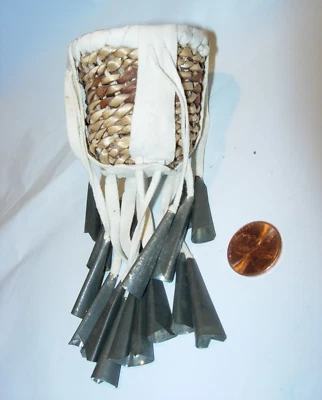 Native American Apache Burden Basket Adorned Buckskin Tin Jingle Cones 5" - Image 1 of 4