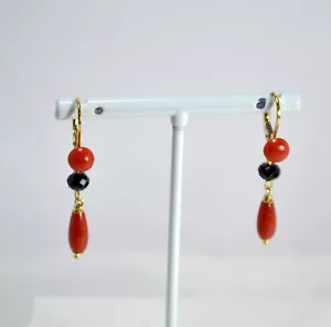 ORECCHINI ARGENTO 925 DORATO CORALLO ROSSO SPINELLI E PENDOLI AGHT 0899 - Foto 1 di 3