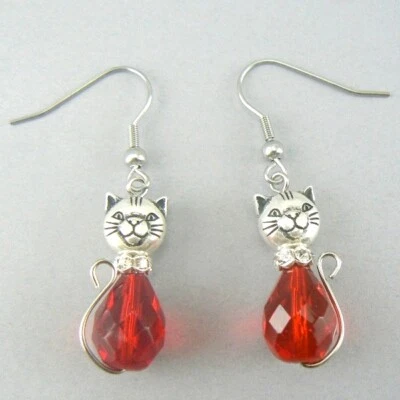 Cat Czech Glass Tear Drop Dangle Earrings - Choose Color CTE - Image 1 of 2