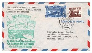 IRELAND EIRE Air Mail Cover PAN-AM CLIPPER FIRST FLIGHT INDIA Karachi 1947 KA981 - Picture 1 of 14