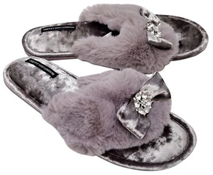 PRETTY YOU London Hausschuhe Damen grau Schleife Edelsteinoptik Zehensteg UK 4,5-5,5 - Bild 1 von 8