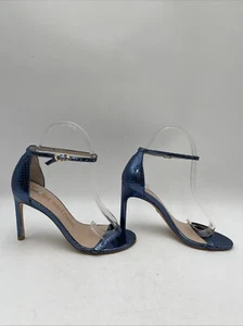 Stuart Weitzman Blue Snake Print Leather Open Toe Ankle Strap High Heels Size 5M - Picture 1 of 5