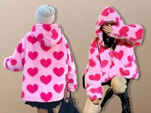 Harajuku Love Heart Fuzzy Jacket Coat - Picture 1 of 5
