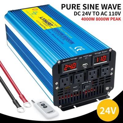 4000W 8000W Pure Sine Wave Power Inverter 24V to 110V Remote Control 3.1AUSB 4AC - Image 1 of 4