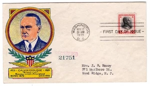 #834 Presidential Series $5 Calvin Coolidge 1938 FDC - #59 Hand-colored WSE - Picture 1 of 2