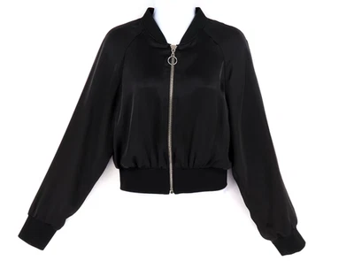 Linda chaqueta de bombardero recortada Forever 21 para mujer talla S negra forrada con cremallera completa Foto 1 de 4