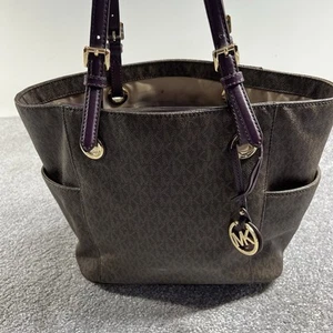 Michael Kors Purse Brown Purple Handles Key Fob Shoulder Bag Tote Monogram - Picture 1 of 24