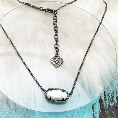 Kendra Scott Elisa Pendant Necklace Gunmetal Black Chain White Gemstone - Image 1 of 4