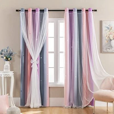  Dream Star Blackout Curtains for Kids Rooms Girl W34×L63× 1P Grey Pink Purple - Image 1 of 4