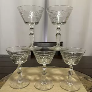 Vintage Etched Laurel Leaf Cocktail Martini Glasses Rock Sharpe 1950 Set Of Five - Picture 1 of 19