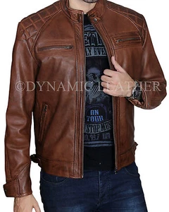 Chaqueta de cuero acolchada vintage envejecida para motociclista café corredor para hombre - Imagen 1 de 4