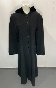 Vintage Albert Nipon Studio Hooded Black Long Wool Coat Velvet Hood Size 10 - Picture 1 of 15