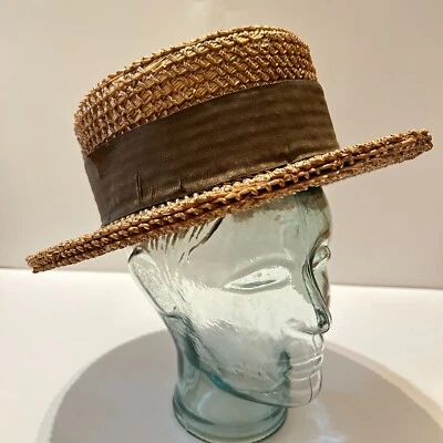 Sombrero de paja tejido Gordon Boater Skimmer pequeño 6 7/8 antiguo de colección de la década de 1910 1915 Foto 1 de 4