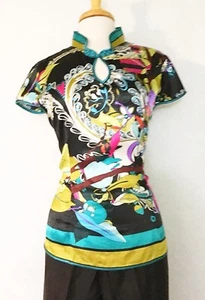 Modified Chinese Women Silky Shirt Top Blouse in Design of Colorful Floral Print - Picture 1 of 7