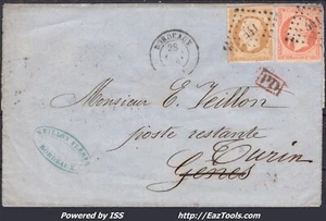 FRANKREICH NR. 13 + 16 AUF BRIEF NACH ITALIEN PC 441 BORDEAUX + CAD VOM 28.10.1858 - Bild 1 von 2