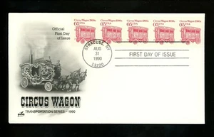 US FDC #2452 Artcraft 1990 NY Circus Wagon Transportation Series PNC Plate # 1 - Picture 1 of 2