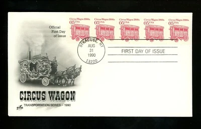 US FDC #2452 Artcraft 1990 NY Circus Wagon Transportation Series PNC Plate # 1 - Image 1 of 2