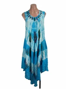 Blue Tie Dye Peacock Asymmetric Dress Cover Up Fairy Grunge Boho Festival O/S - Picture 1 of 10