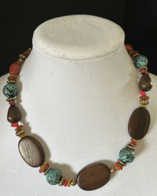 Coldwater Creek Turquesa y Madera 19.5" con Extensor de 2.5" Collar Firmado Foto 1 de 4