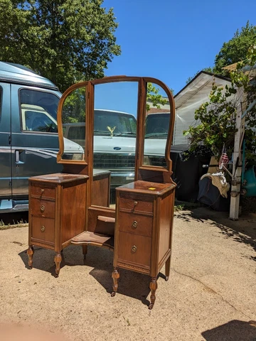 Rare Tri-fold Antique Burle Walnut Vanity With 3 Mirrors with Kotton Klenser Cover