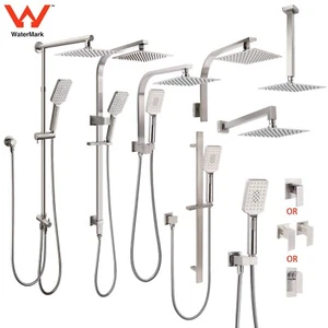 WELS Brushed Nickel Square Dual Shower Head Set Ceiling Wall Arm Rail Mixer Tap - Picture 1 of 59