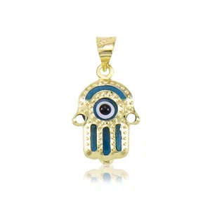 14K Massiv Gelbgold Hamsa Hand Böser Blick Anhänger - Viel Glück Blau Halskette Charm - Bild 1 von 3
