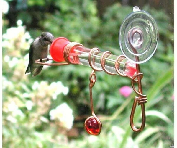 WINDOW WONDER Alimentador HUMMINGBIRD de Un Tubo con Cuentas de Vidrio Rojo y Percha de Cobre EE. UU. Foto 1 de 1